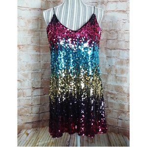 SHEIN Sequin Pink, Blue Gold OMBRE  Sheath Dress, Size Large